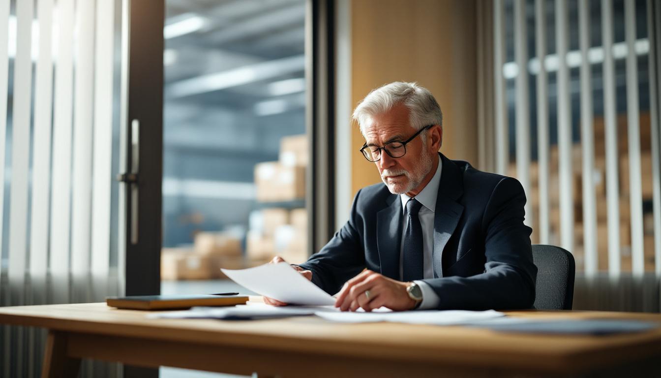 An owner of a small American manufacturing business in his 60s sitting at a wooden desk in a bright office, reviewing fi