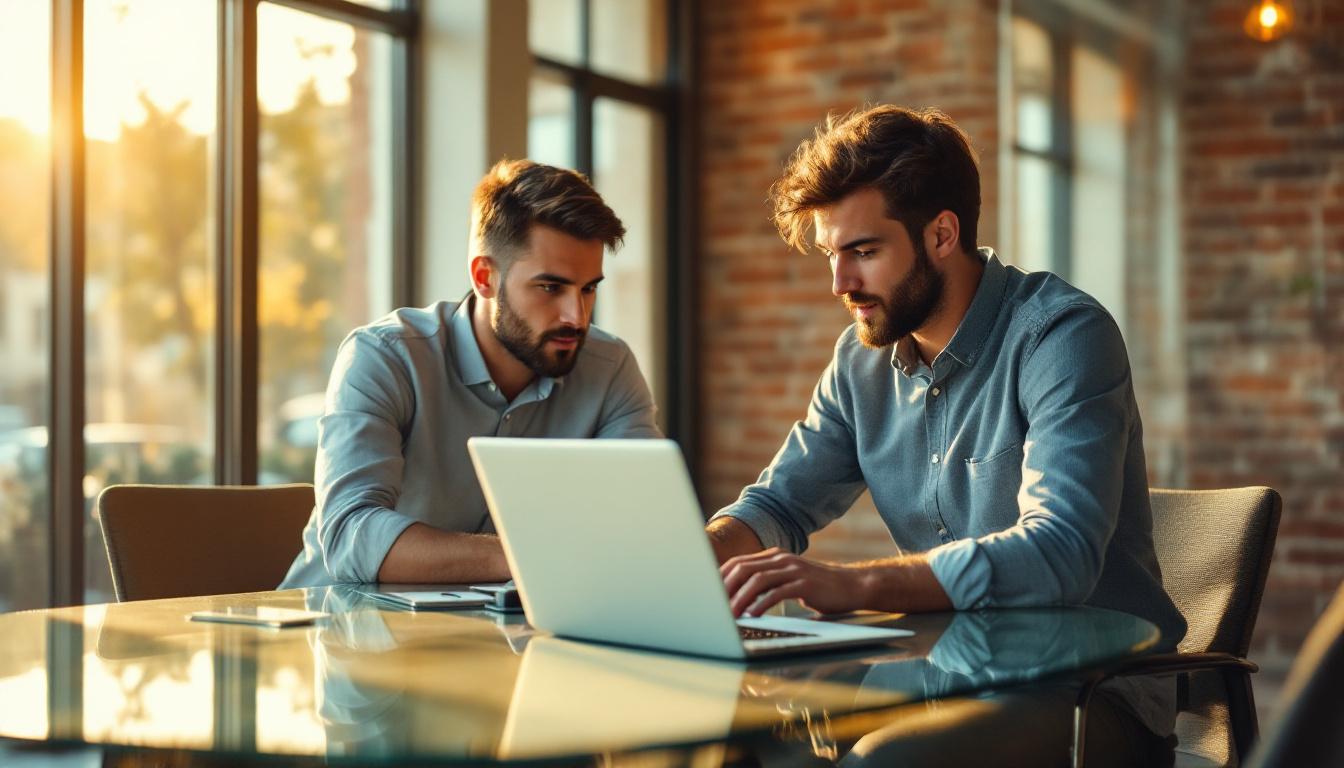Two business consultants in casual professional attire collaborating around a glass conference table in a modern but war