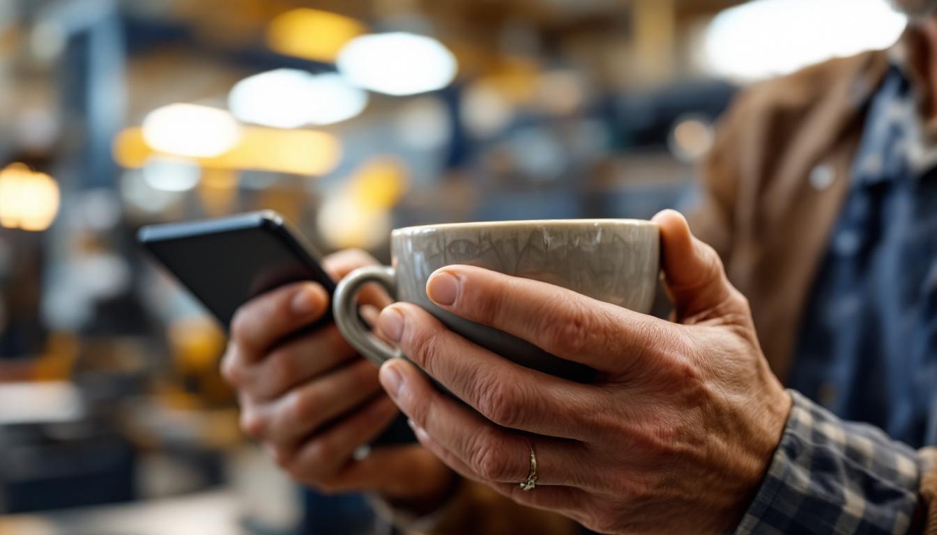 Close-up of an older business owner's hands holding a coffee mug while looking at a tablet, blurred workshop equipment i