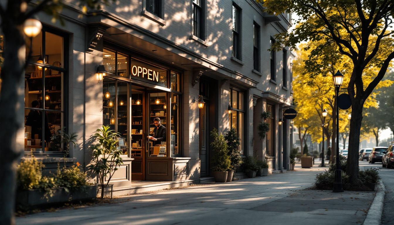 Wide shot of a clean, organized small business storefront from outside in early morning light, owner just inside flippin