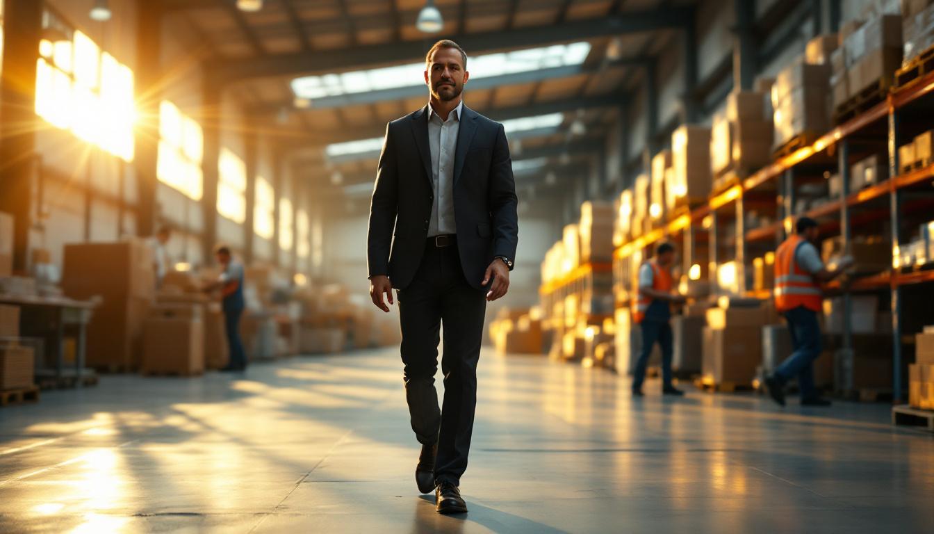 An owner walking through a small distribution warehouse, mid-stride, employees working at packing stations in the blurre