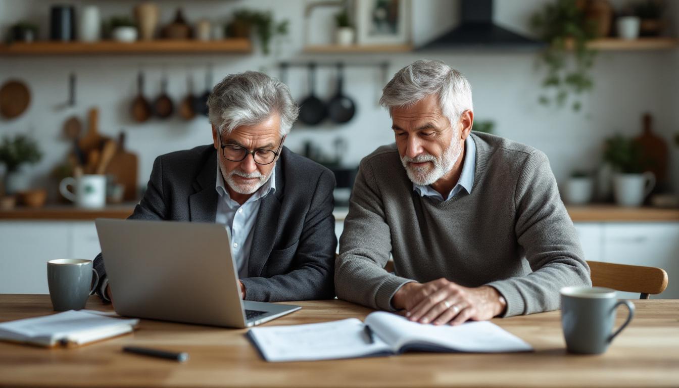 Older accountant and small business owner sitting side by side at a kitchen-style office table, both leaning over an ope