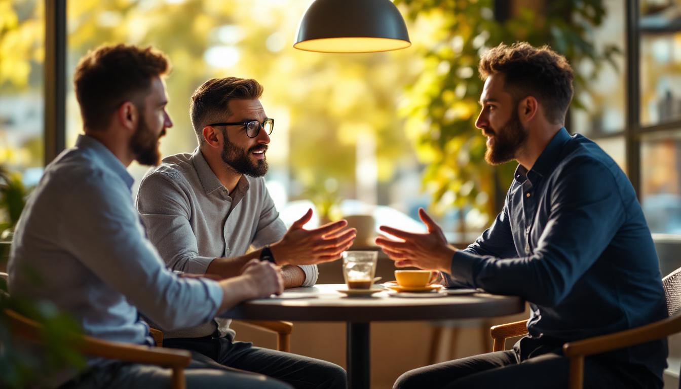 Three business professionals in conversation around a small round table in a sunlit cafe-style meeting room, one gesturi