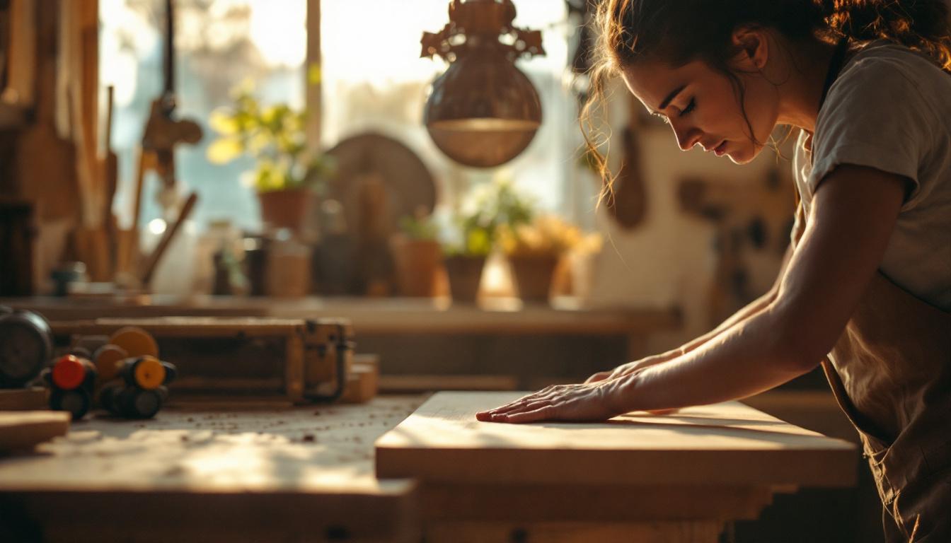 Close-up over-the-shoulder of an owner-operator at her workbench in a small custom furniture shop, planing a piece of wo