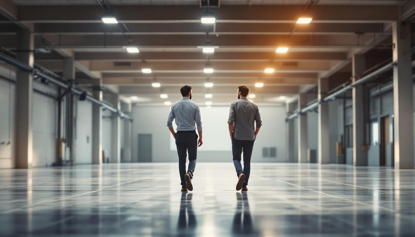 Two professionals in business casual walking across a polished concrete floor inside a clean light industrial facility, 