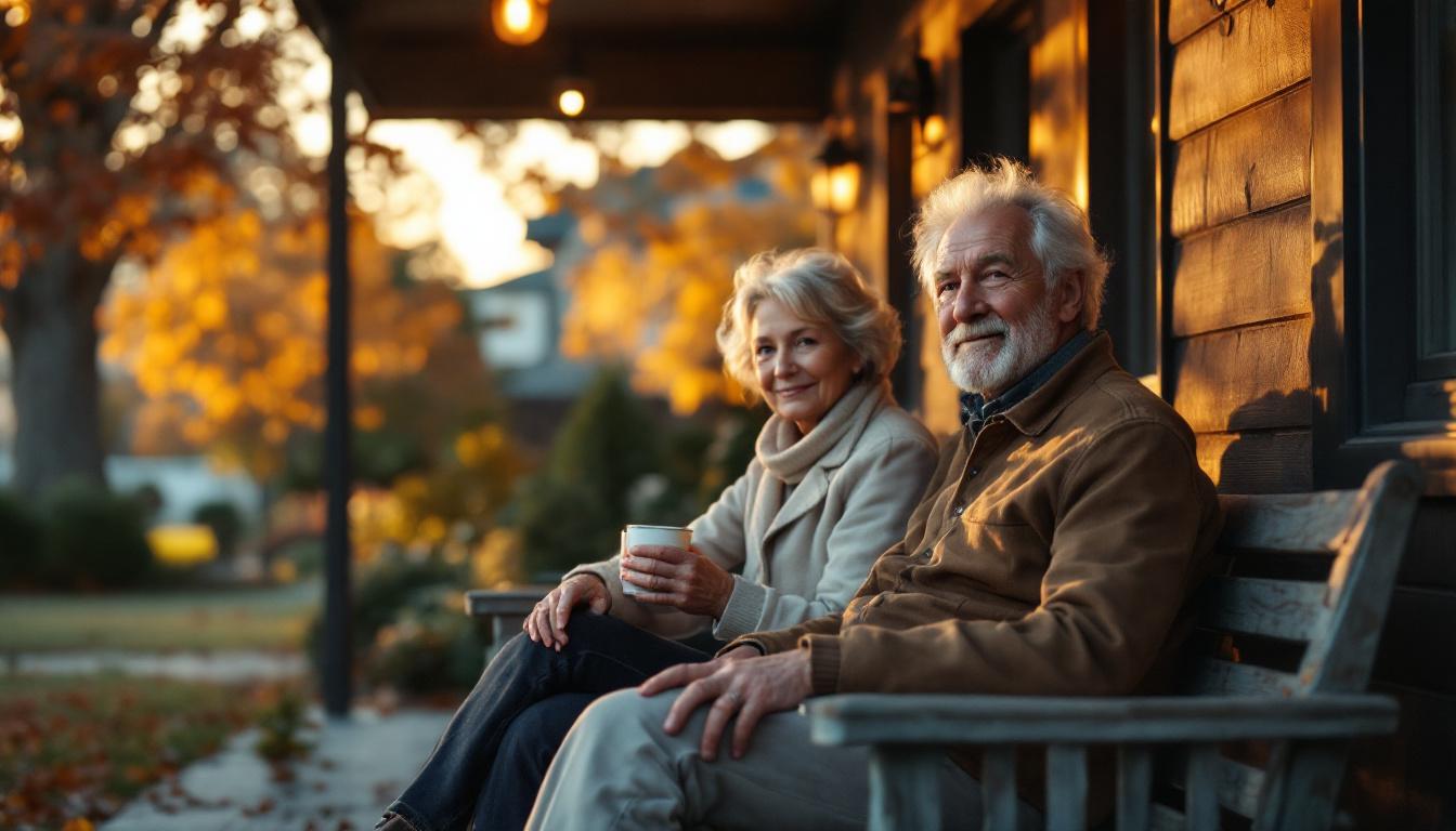An older couple sitting on a porch of a wooden craftsman home holding mugs, looking out at a quiet yard at sunrise, warm