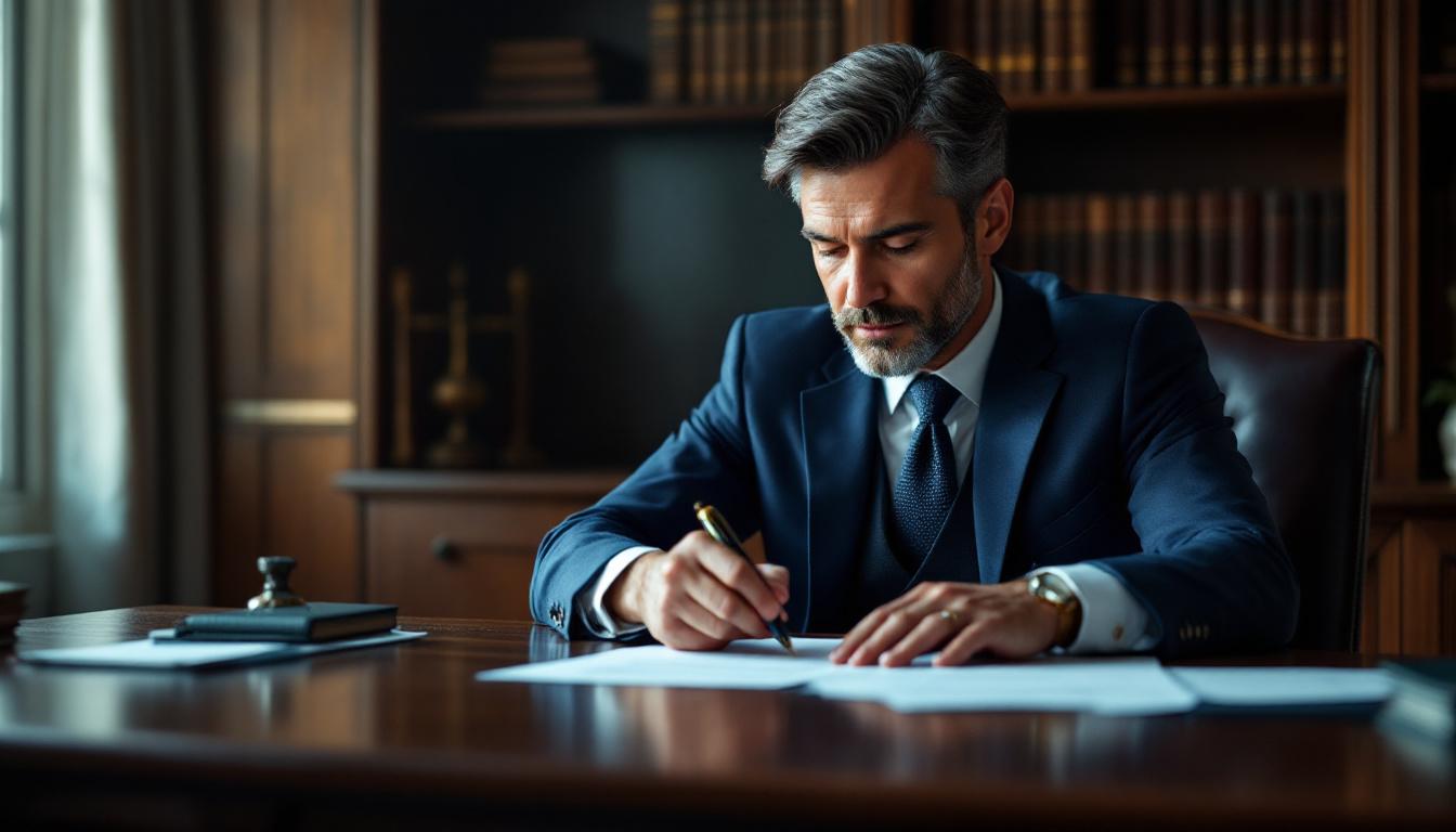 An attorney in a navy blazer reviewing a contract at a polished walnut desk, fountain pen in hand, leather-bound books b