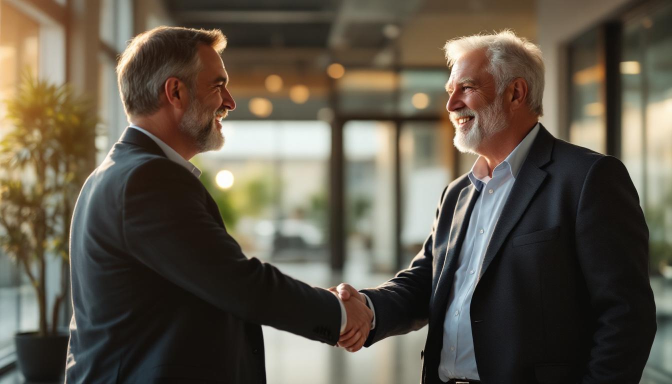 A handshake between two men in business casual in a sunlit lobby of a small office building, one slightly older, both sm