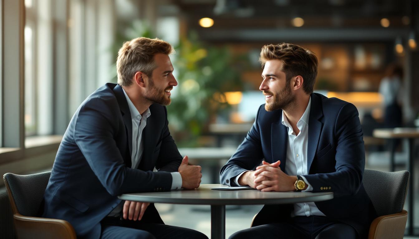 Two professionals comparing notes at a small breakout table in a modern office, one in a suit, one in casual blazer, sof