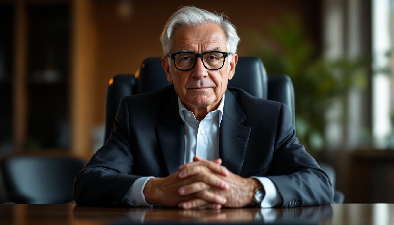 A senior advisor in glasses leaning back in a leather chair, hands folded, listening attentively across a polished confe