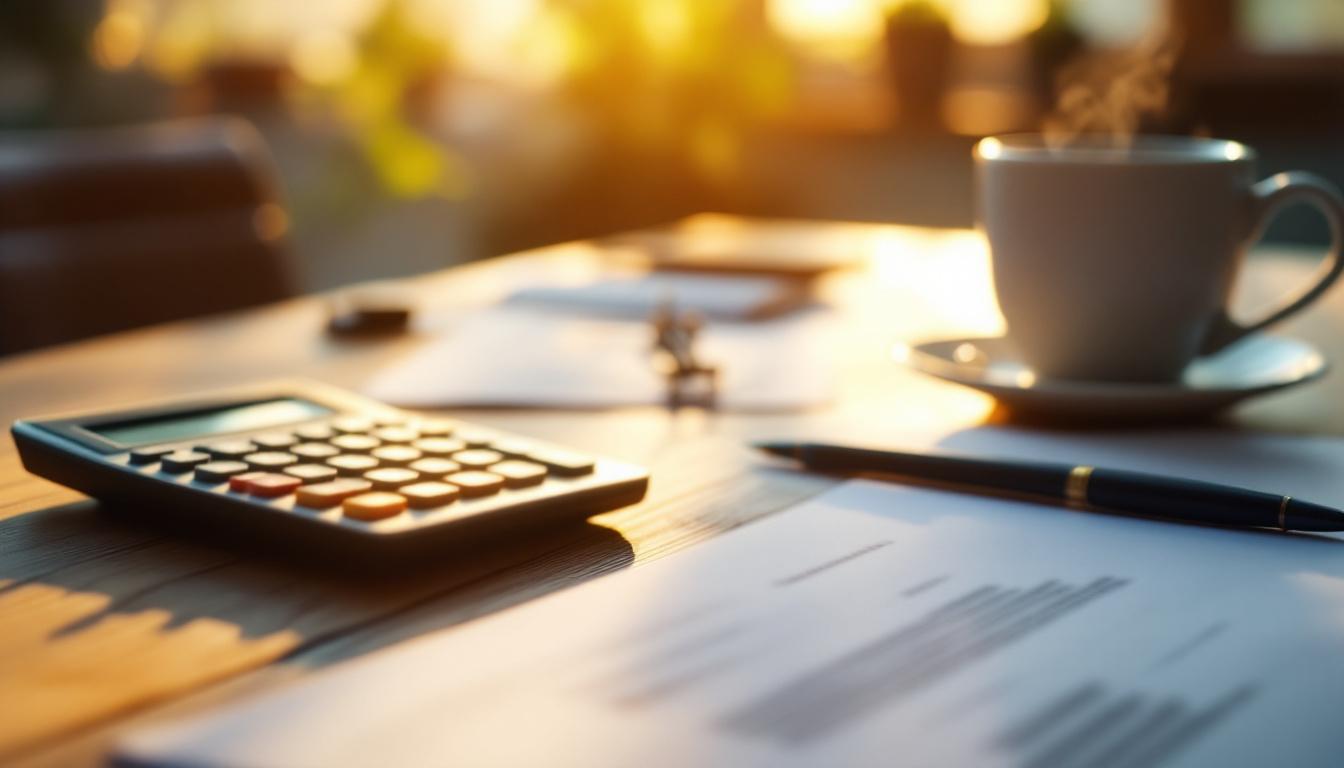 A close-up of a calculator, a paper-clipped contract, and a steaming coffee mug on a wooden desk, warm morning light, no