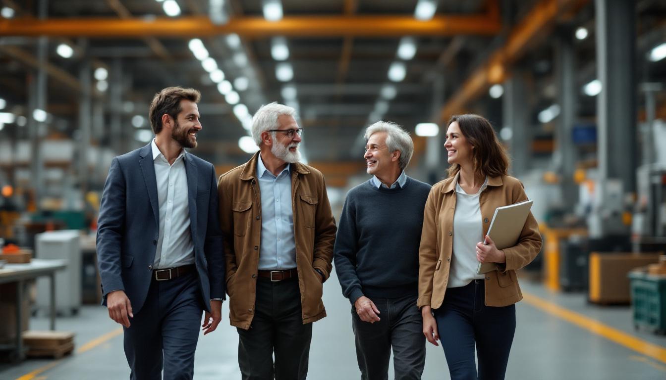 A multigenerational family group of three adults walking together through a manufacturing floor, all in business casual,