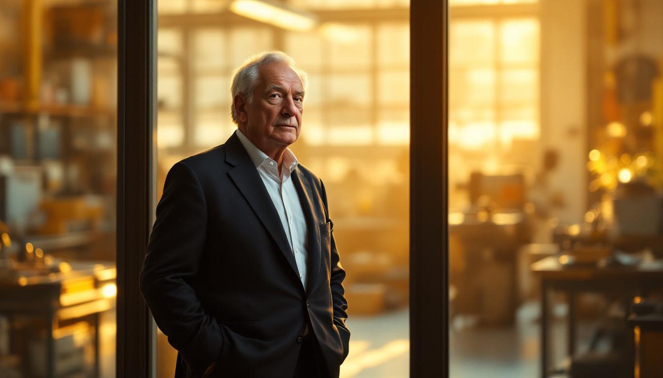 An older business owner standing at a window of his office looking out, hands in pockets, contemplative expression, late