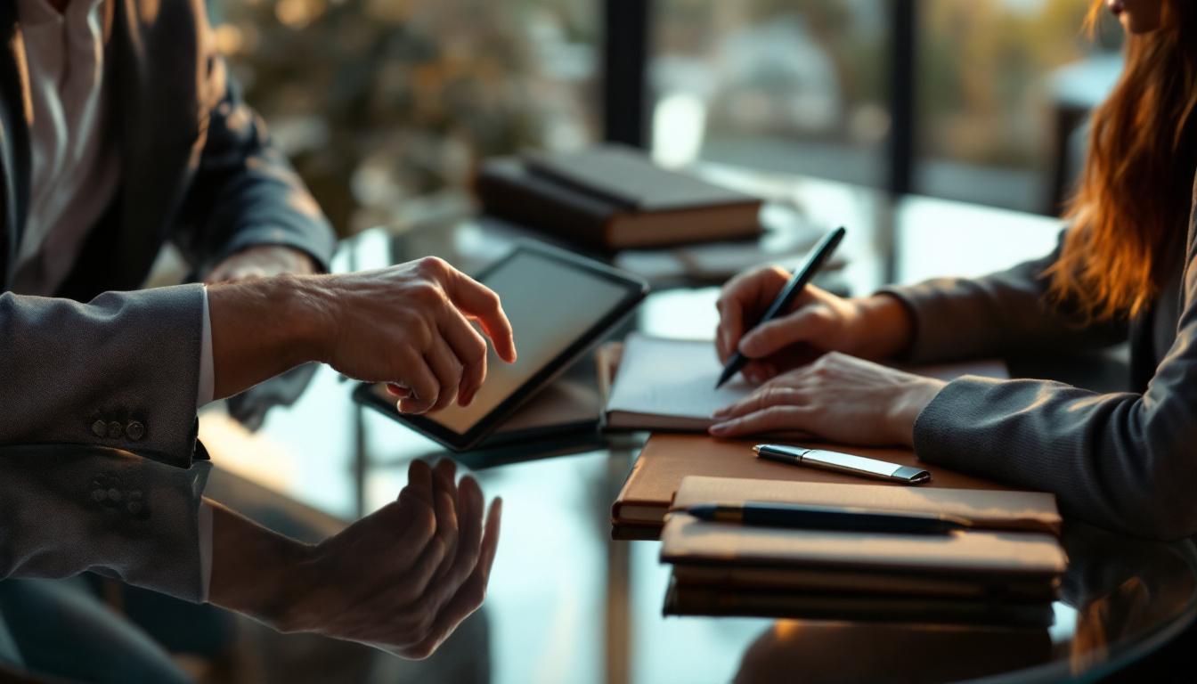 Two professionals reviewing terms at a glass conference table, one pointing at a tablet, the other taking handwritten no