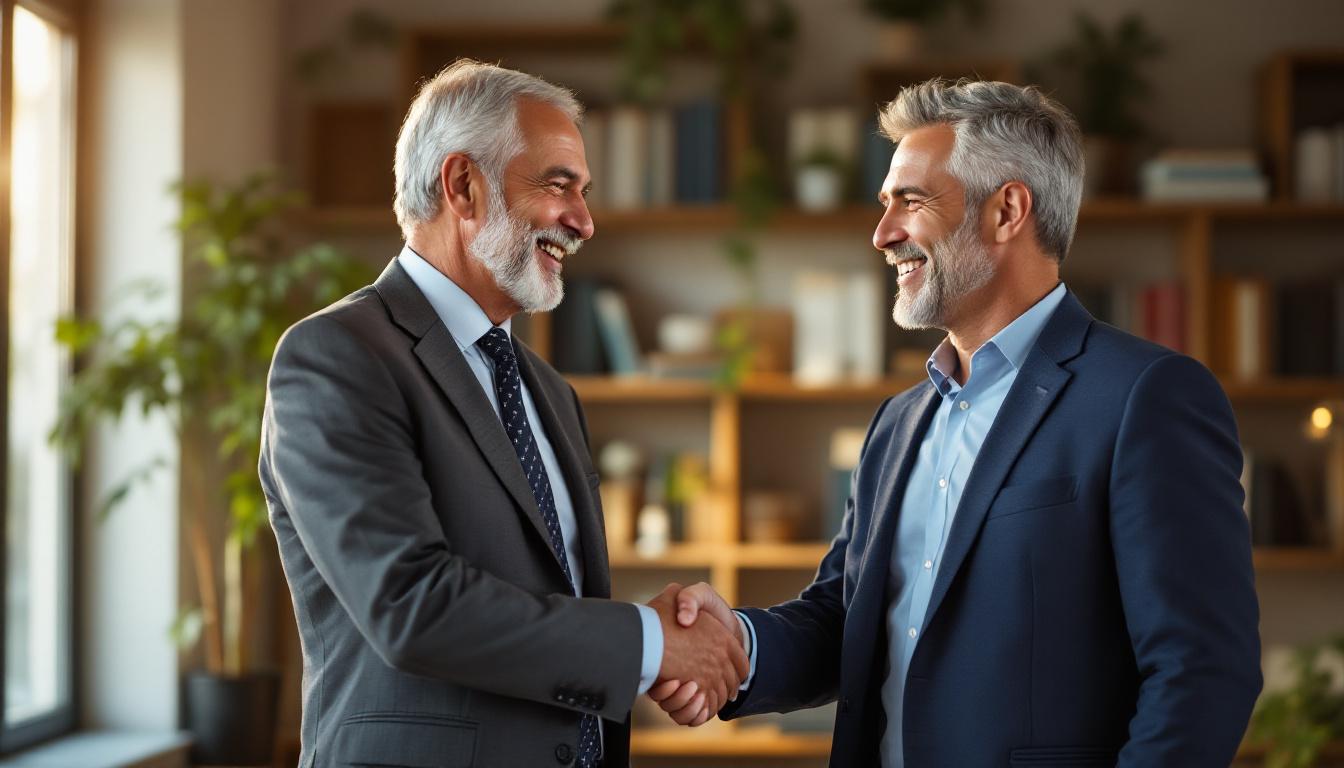 Older business owner shaking hands with a younger buyer in a sunlit small business office, both smiling, bookshelves and