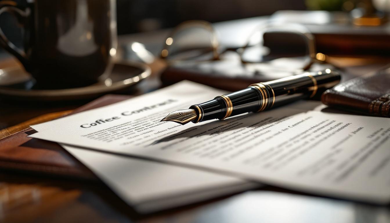 A close-up of a fountain pen poised over a contract on a wooden desk beside a coffee mug and a pair of reading glasses, 