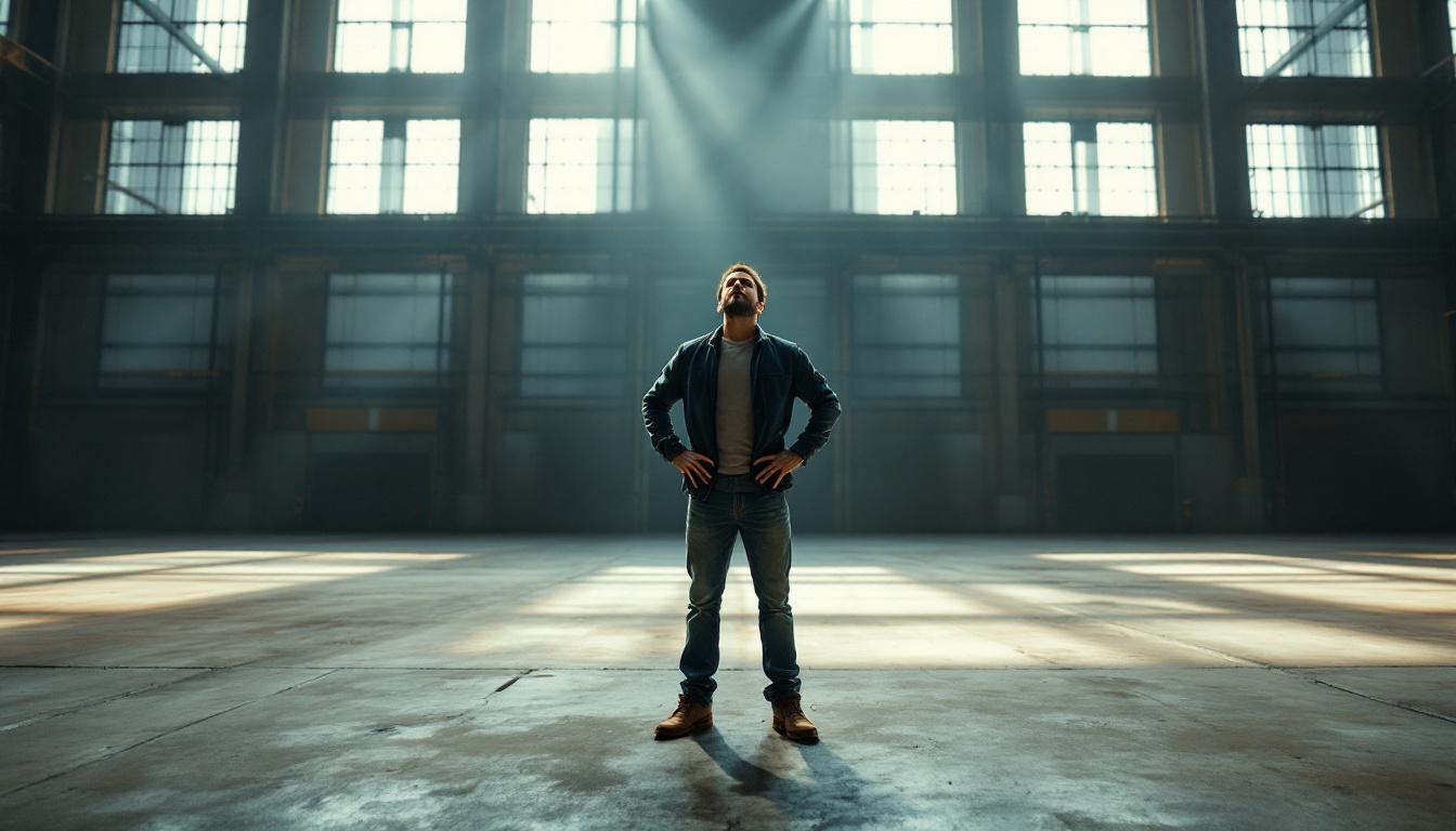 An aerial mid-shot of a small business owner standing in the middle of an empty warehouse, hands on hips, looking up, dr