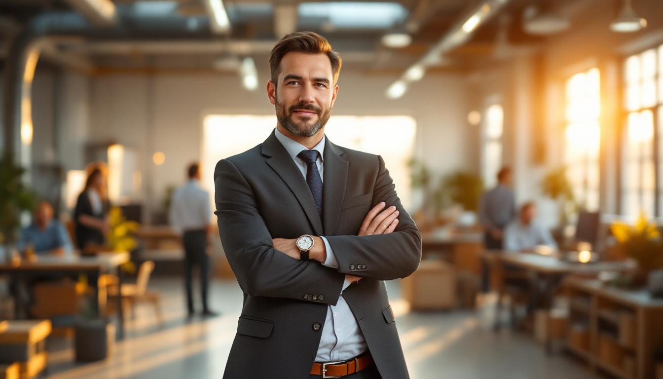 A confident business owner in business casual standing in a clean modern light industrial workspace, arms crossed, golde