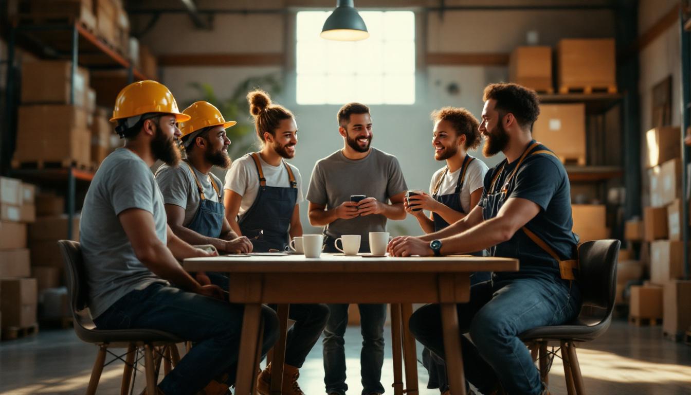 A diverse small group of warehouse workers in conversation at a break table during their morning meeting, coffee cups, c