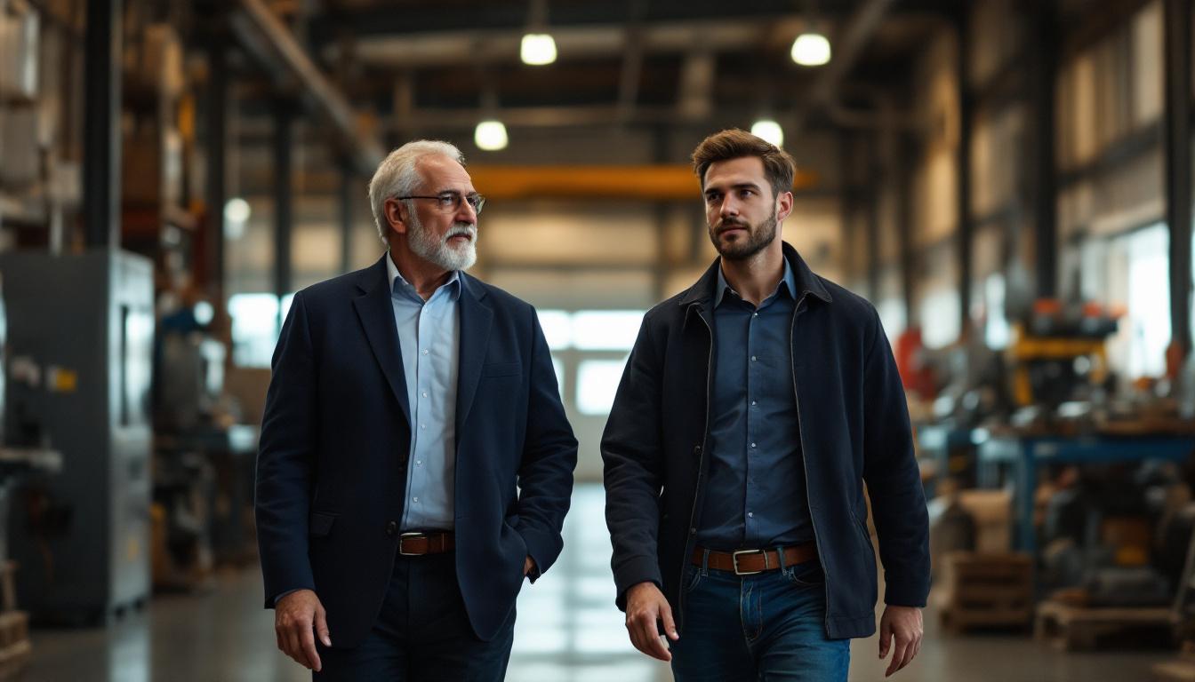 Two business owners — one older in a navy sport coat, one younger in business casual — walking side by side through a sm