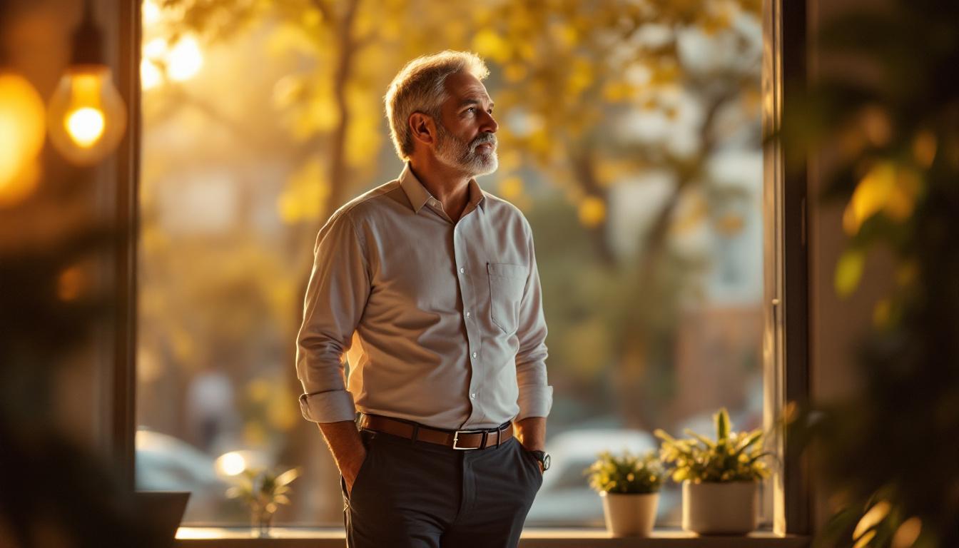 A confident small business owner in his 50s standing alone in his small office in front of a wide window, looking outsid