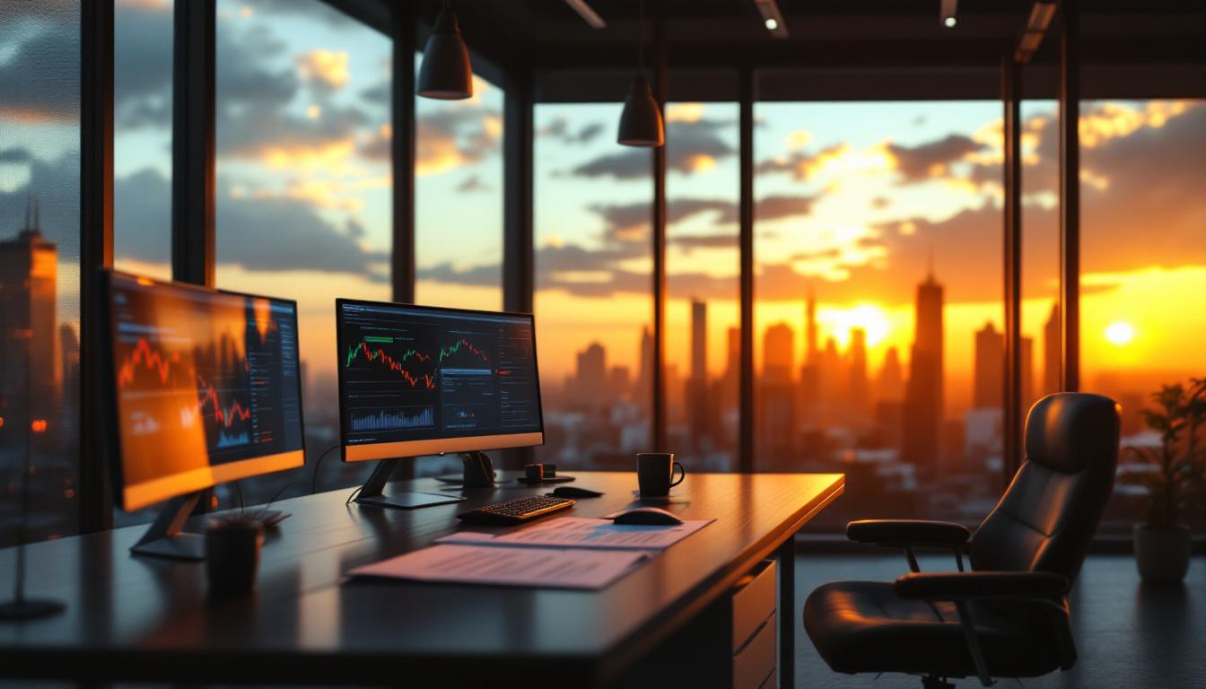 Startup office at golden hour with 409A valuation documents and dual monitors