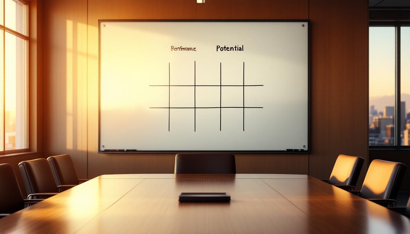 Boardroom at golden hour with 9-box grid talent matrix on whiteboard