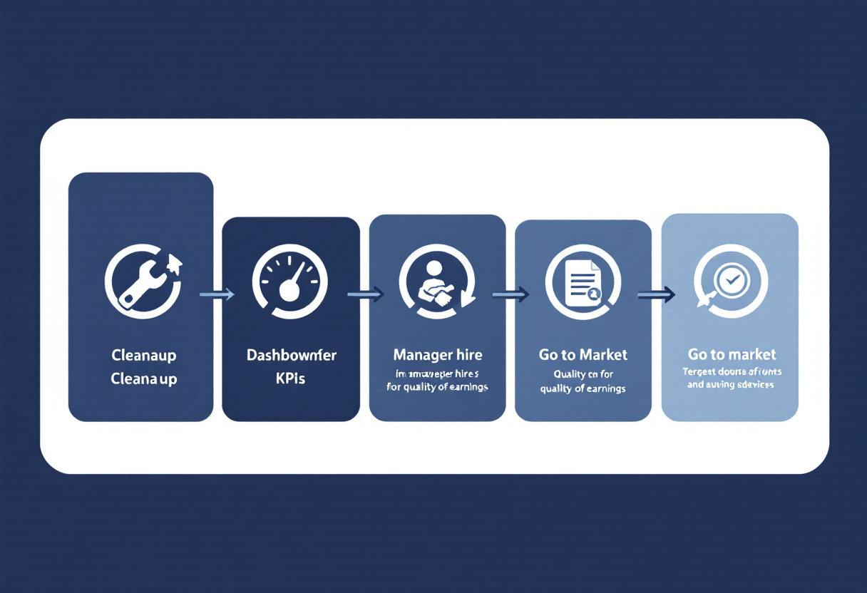36-month accounting firm exit preparation timeline: cleanup phase, KPI infrastructure and general manager hire, sell-side quality of earnings, and go-to-market with M&A advisor