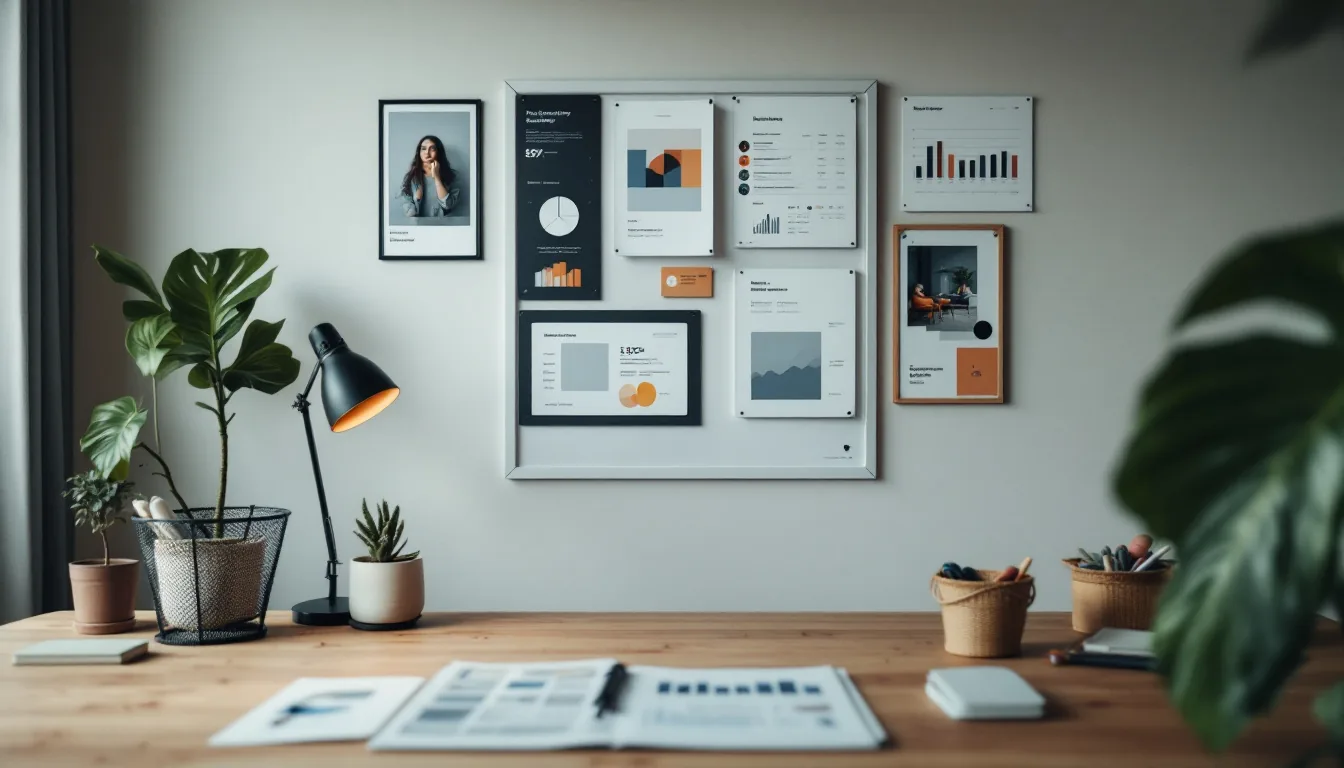 Creative agency office workspace showing storyboards, design proofs, and a closed laptop with financial documents on a clean wooden desk