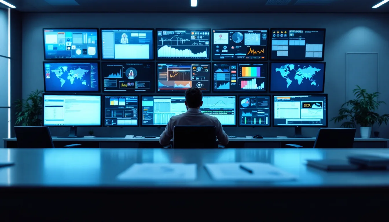 Security monitoring center showing multiple display screens and a clean desk with account ledger documents