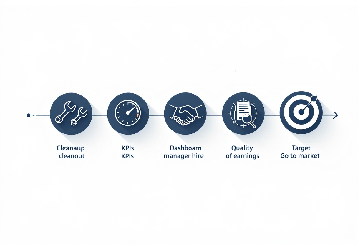 36-month assisted living facility exit preparation timeline: cleanup phase, KPI infrastructure and general manager hire, sell-side quality of earnings, and go-to-market with M&A advisor