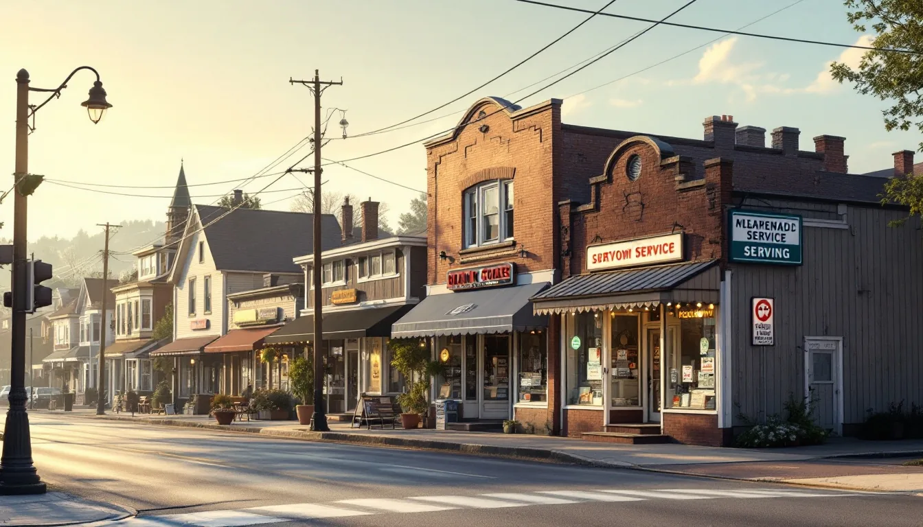 Editorial photograph of a small-town main street with storefronts, a franchise location, and a residential neighborhood visible in the background