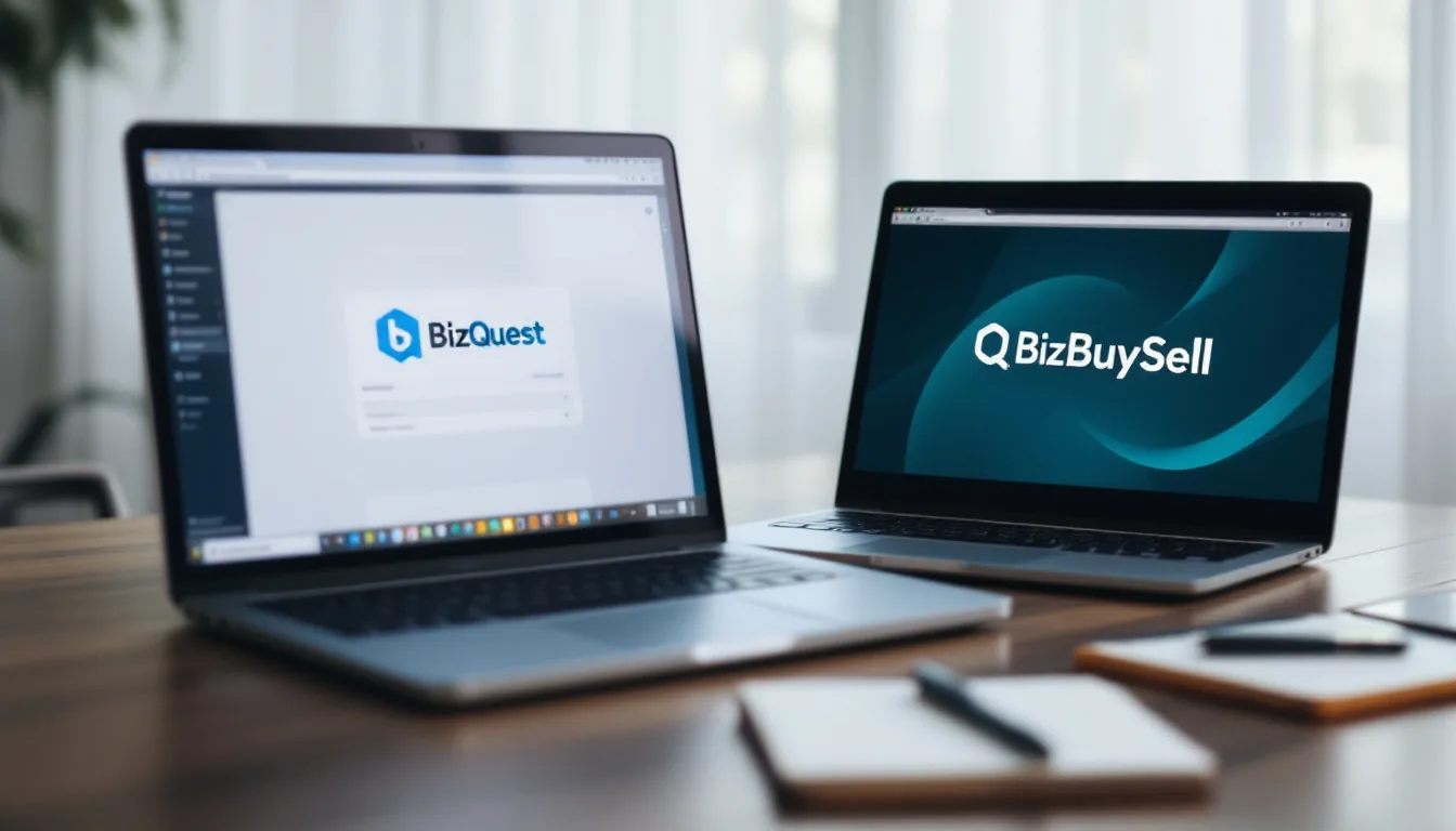 Editorial photograph of two laptop screens showing BizQuest and BizBuySell listing pages side by side on a desk
