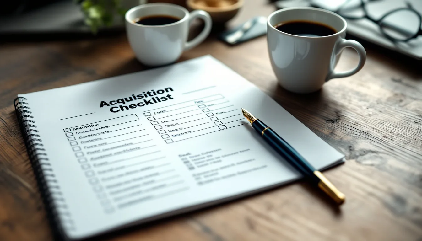 Editorial photograph illustrating business acquisition coaching vs mentoring, with two coffee cups on a desk, an acquisition checklist, and a notebook open to deal notes