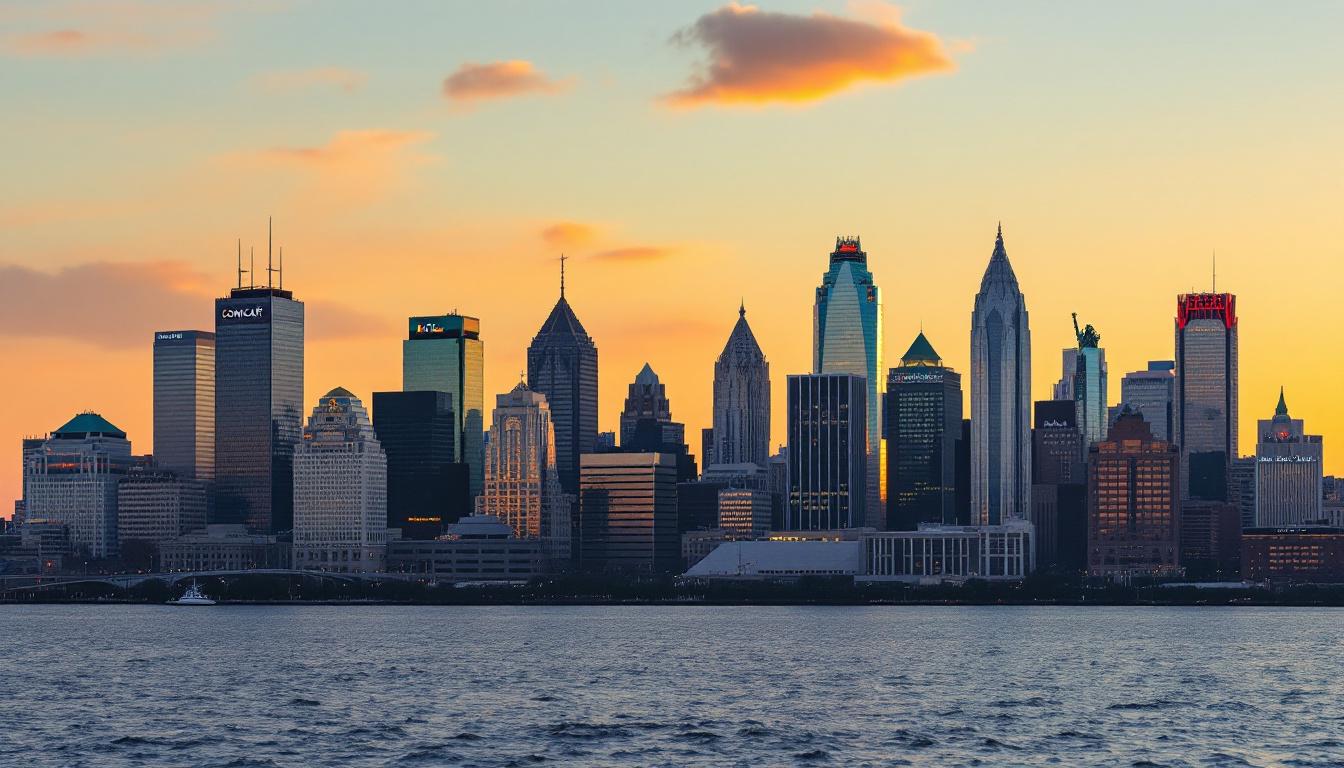 Philadelphia skyline at golden hour from across the Delaware River