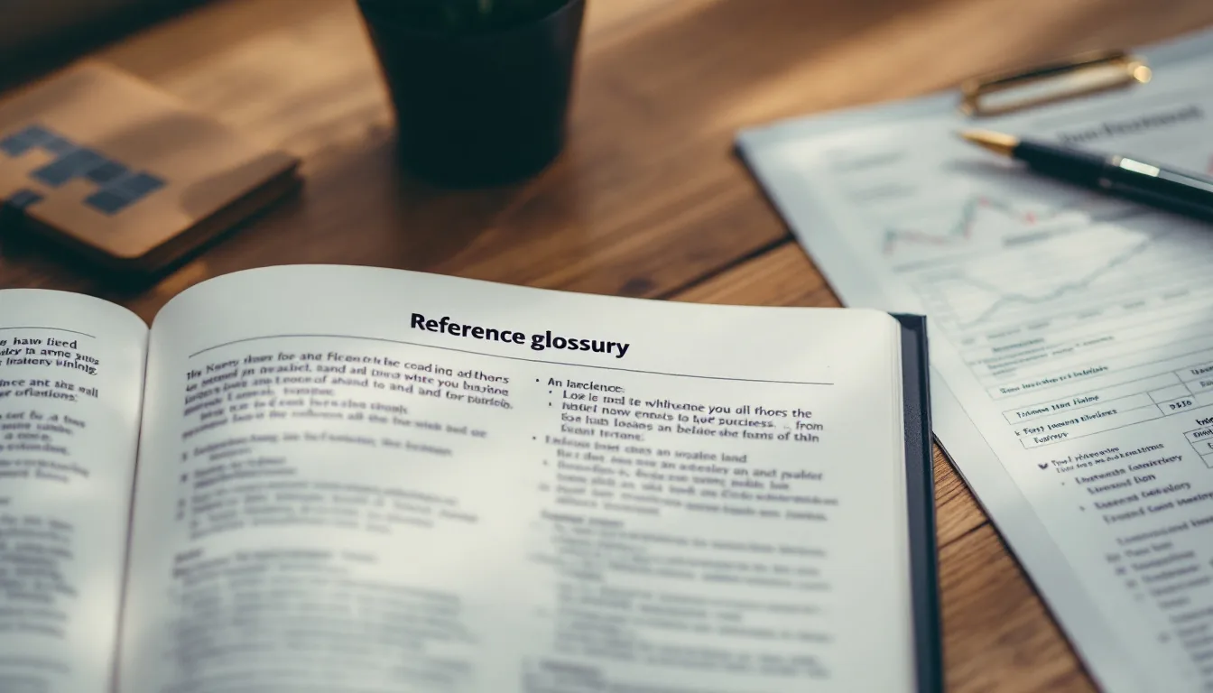 Reference glossary open on a clean desk beside a financial model and a coffee mug in soft daylight