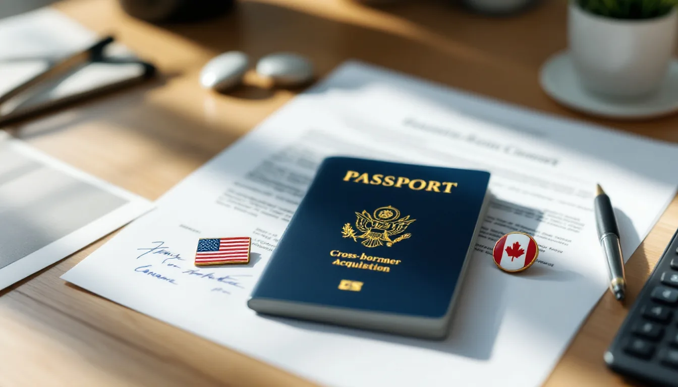 Editorial photograph illustrating buying a Canadian business as a US buyer, with US and Canadian flags, acquisition documents, and a calculator on a desk