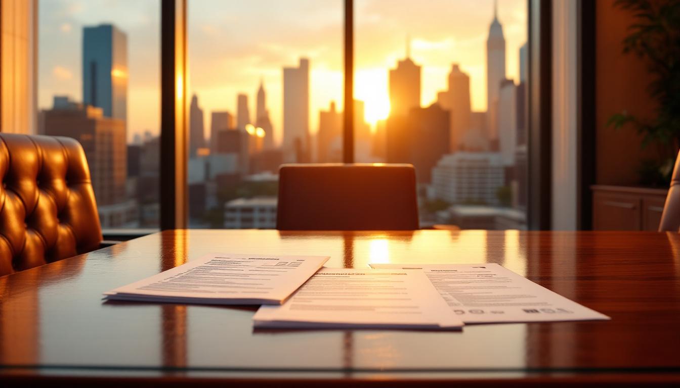 Professional office at golden hour with restaurant due diligence documents