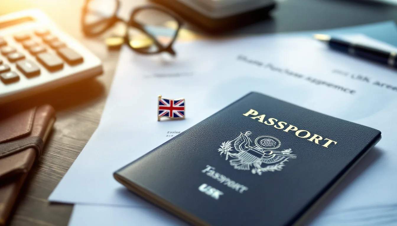 Editorial photograph illustrating buying a UK business as a US buyer, with US and UK flags, share purchase agreement, and a calculator on a desk
