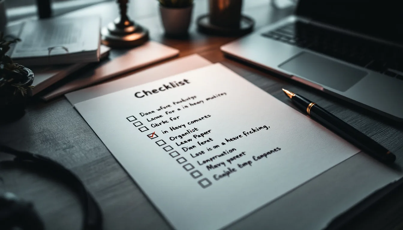 A clean checklist on a desk with a fountain pen and laptop