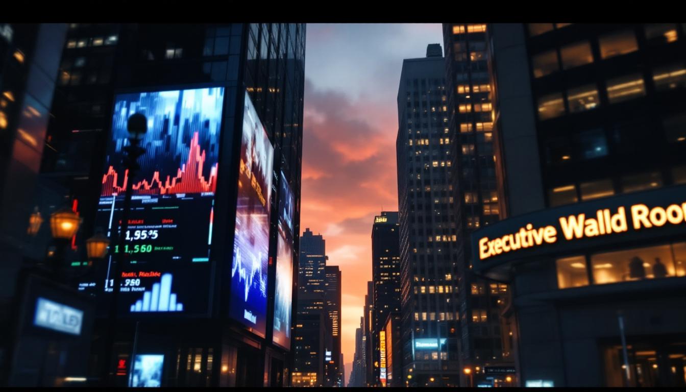 Capital markets vs investment banking concept: Wall Street trading floor with bond and equity issuance screens on left, executive M&A boardroom on right, both sides connected by a central capital flow visualization