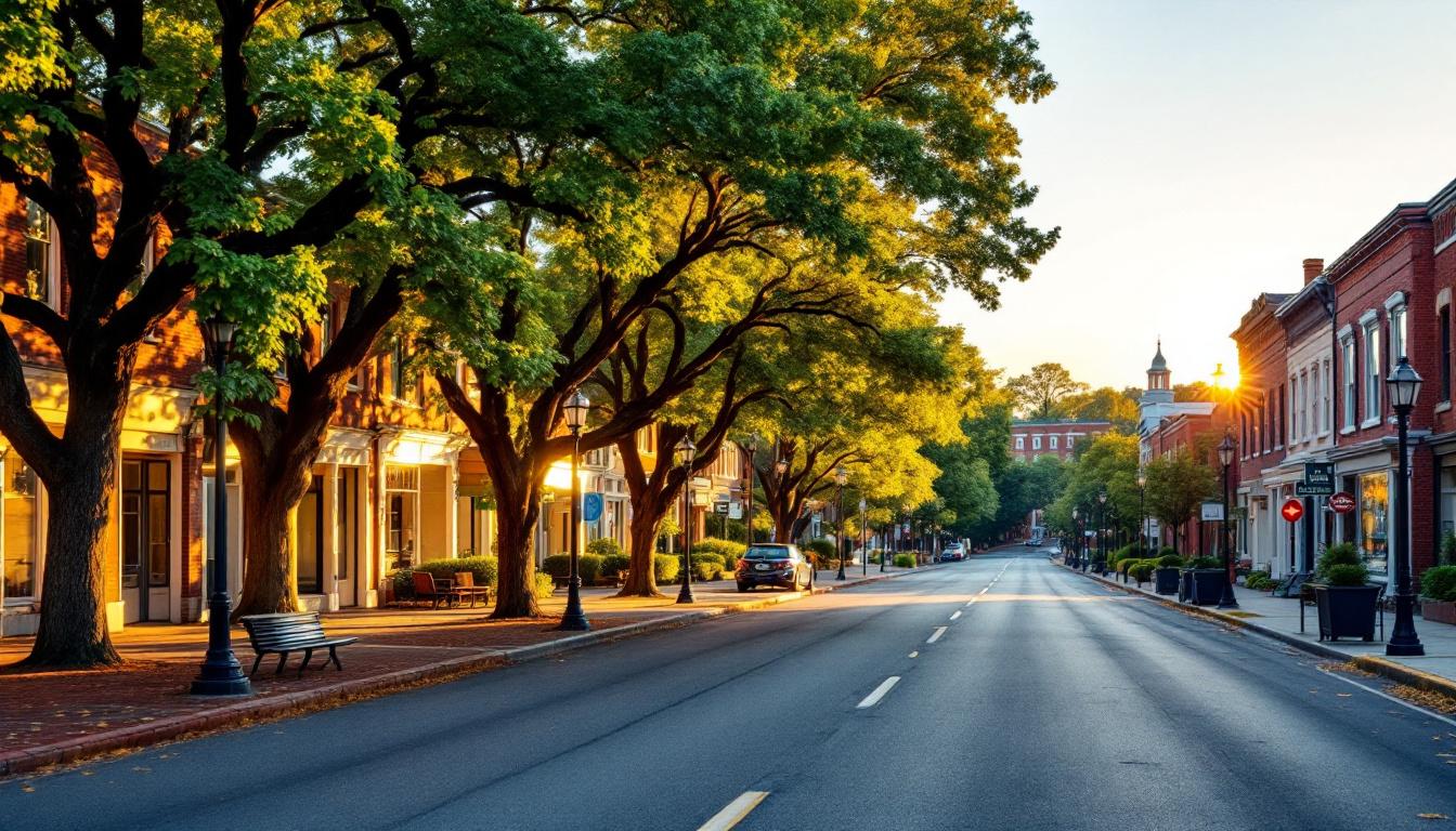 Chapel Hill North Carolina downtown at golden hour with brick buildings and oak trees