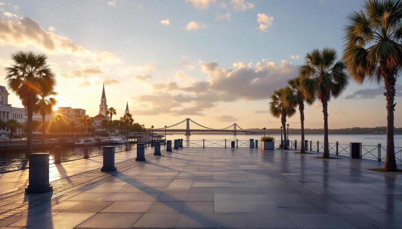 Charleston South Carolina harbor at golden hour with palmetto trees and the Ravenel Bridge