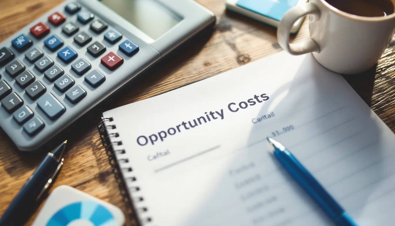Editorial photograph of a low-cost franchise research setup with a calculator showing capital breakdown and a notebook of opportunity costs
