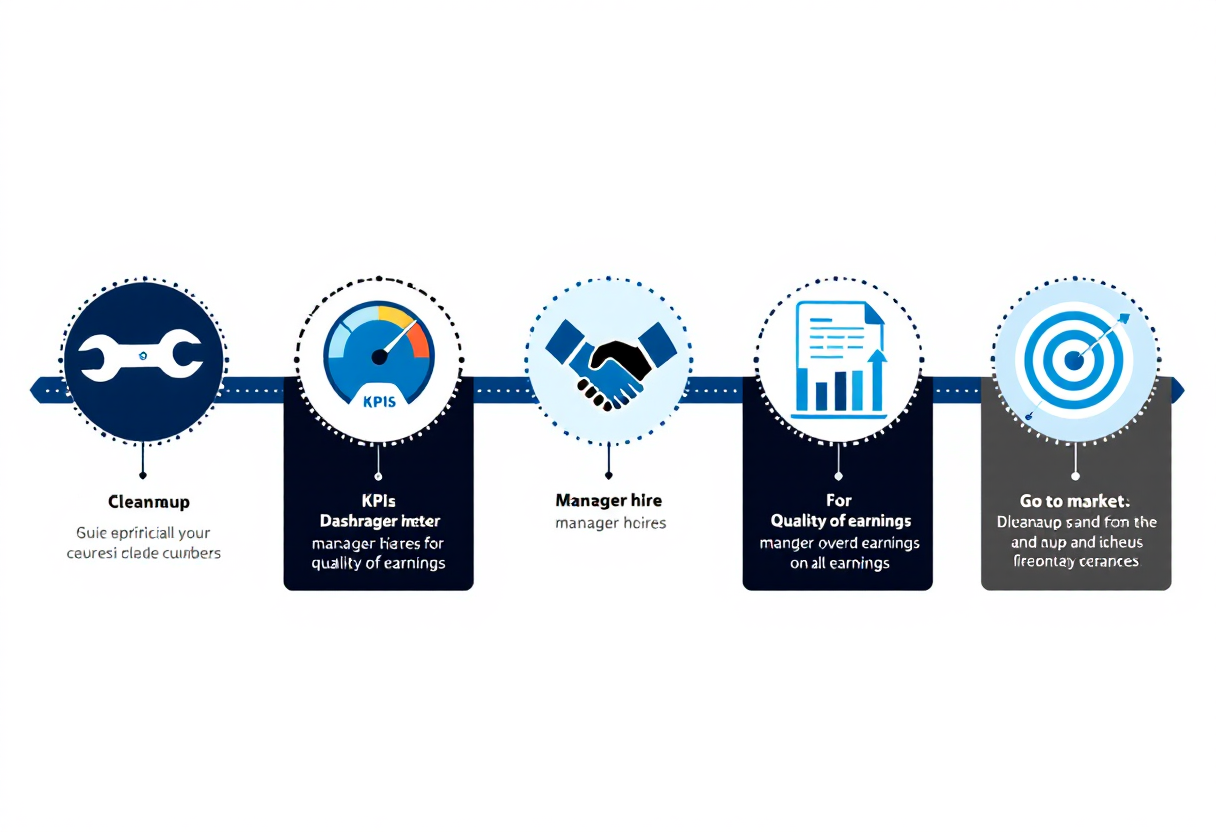 36-month chimney sweep business exit preparation timeline: cleanup phase, KPI infrastructure and general manager hire, sell-side quality of earnings, and go-to-market with M&A advisor