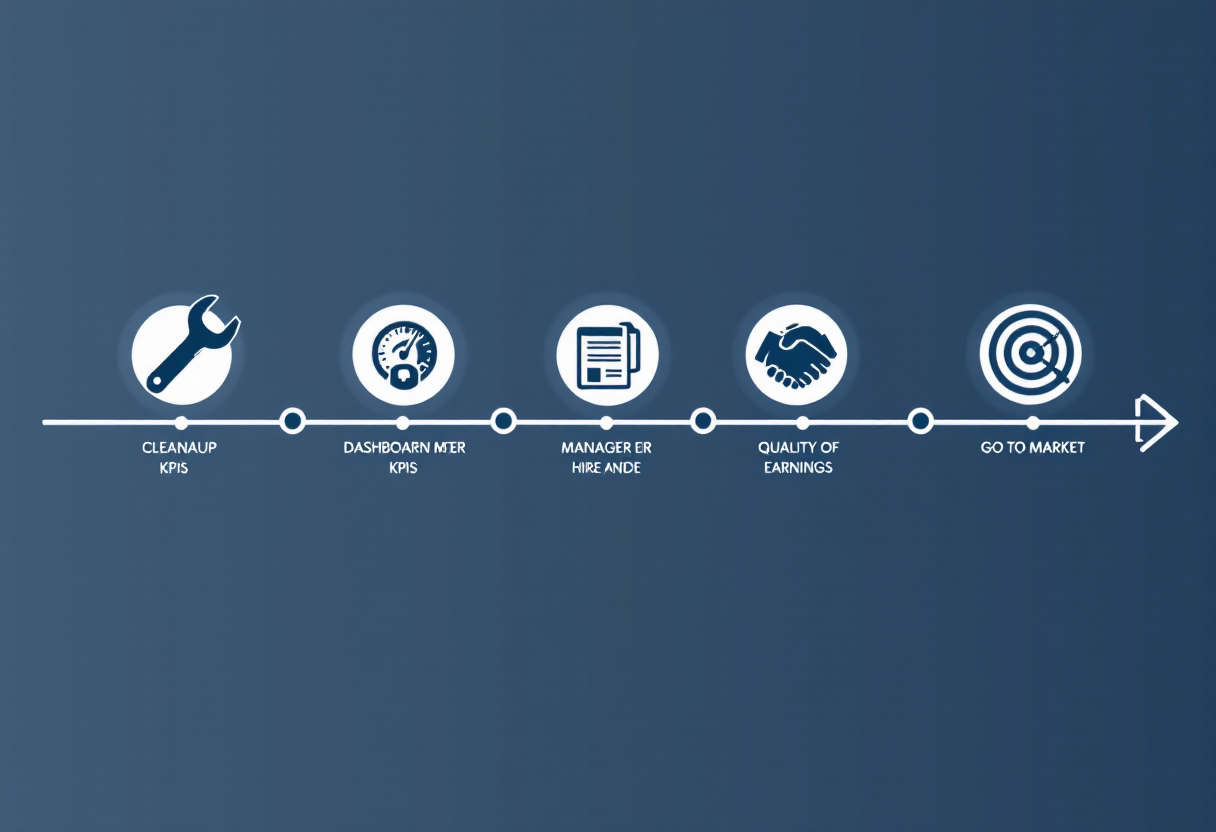 36-month chiropractic practice exit preparation timeline: cleanup phase, KPI infrastructure and general manager hire, sell-side quality of earnings, and go-to-market with M&A advisor