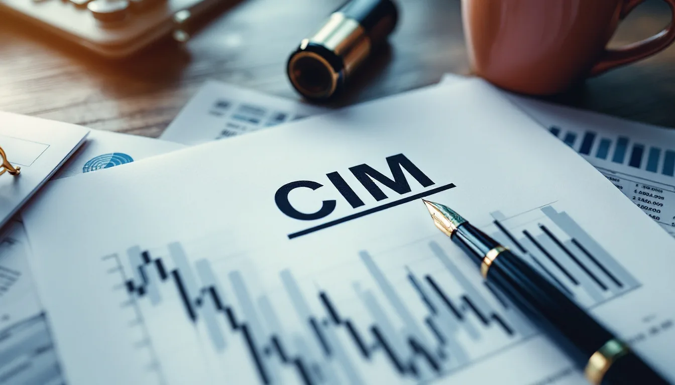 Editorial photograph of a CIM document on a desk with deal materials, financial statements, and a fountain pen, soft daylight
