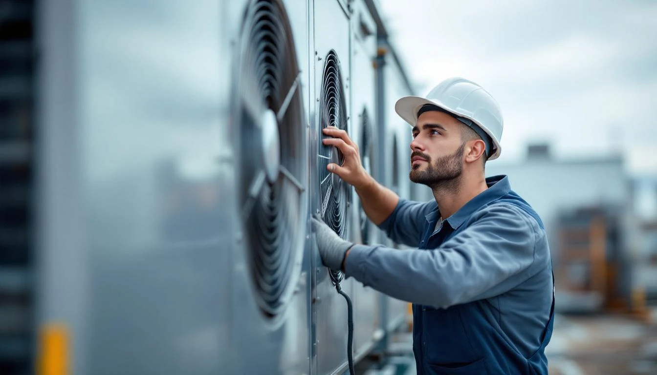 Technician servicing a rooftop unit for an established commercial HVAC business