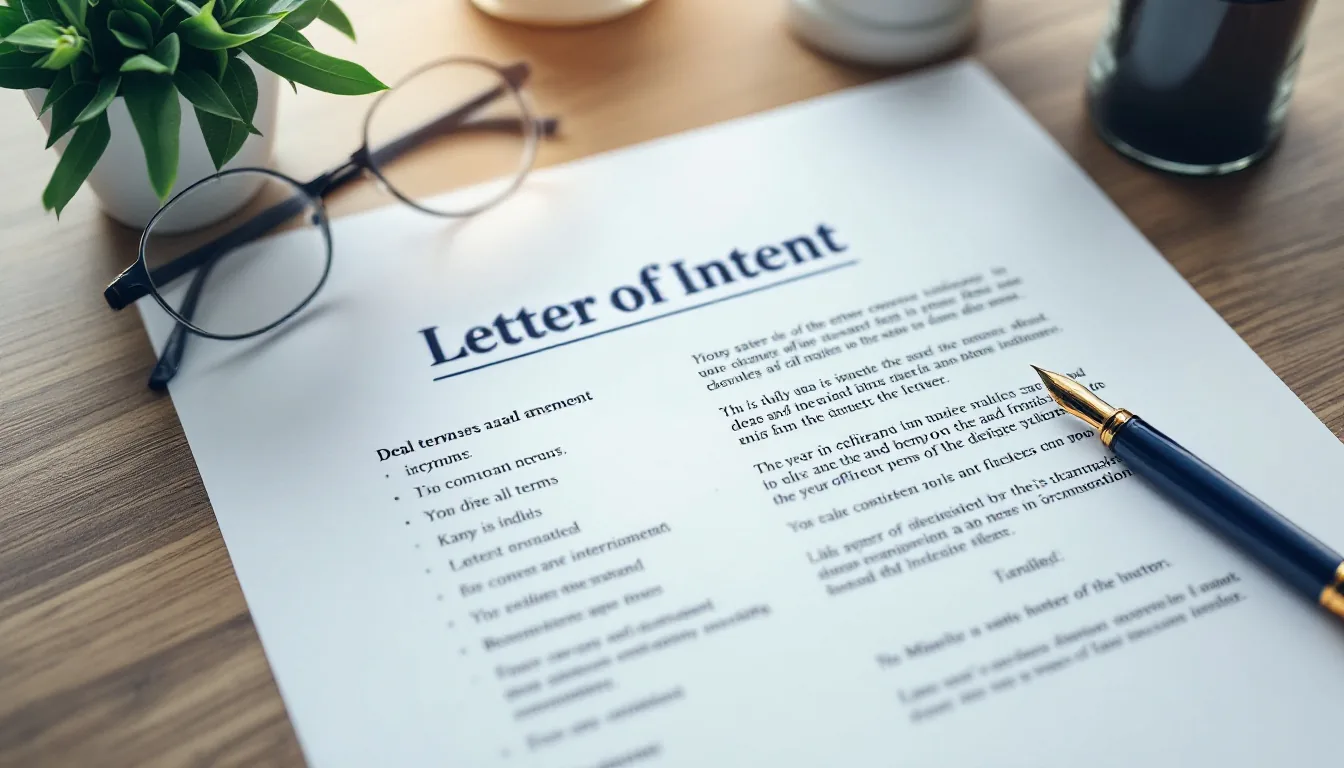 Letter of intent document on a clean wooden desk with a fountain pen and reading glasses beside printed deal terms
