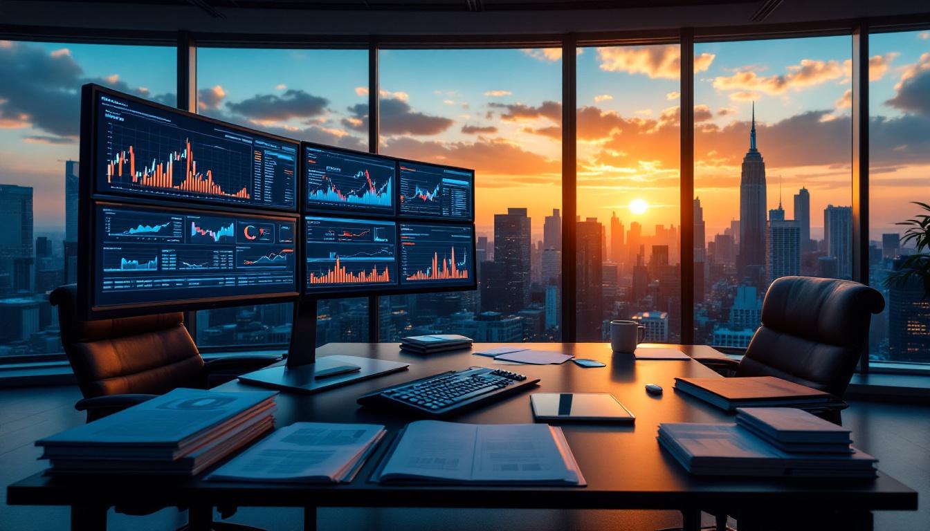 Corporate finance office at golden hour with valuation models on multiple monitors